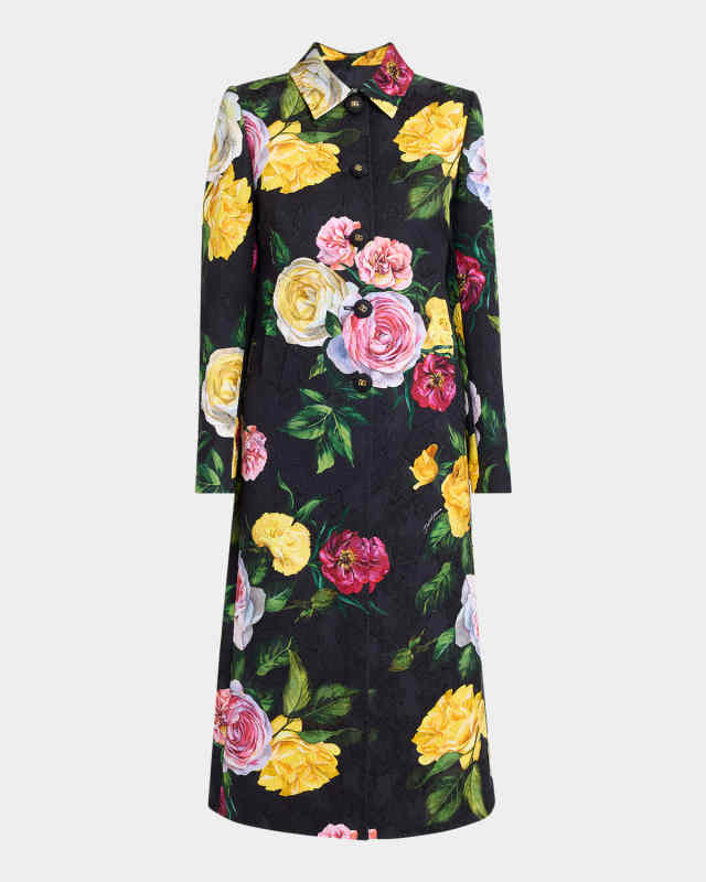 Floral-Print Brocade Single-Breasted Long Coat